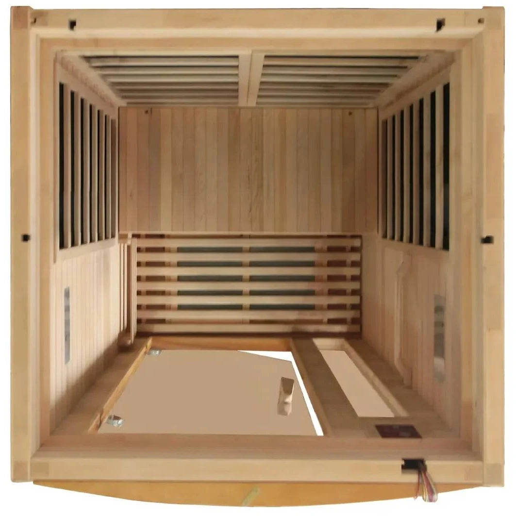 Interior view of the Dynamic Barcelona 1-2 Person Far Infrared Sauna, featuring wooden paneling and seating.