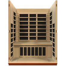 Interior view of the Dynamic Bellagio 3 Person Far Infrared Sauna, featuring wooden paneling and multiple infrared heating elements.