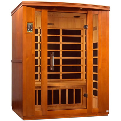 Dynamic Bellagio 3 Person Far Infrared Sauna featuring a wooden exterior, glass door, and interior benches for three users.