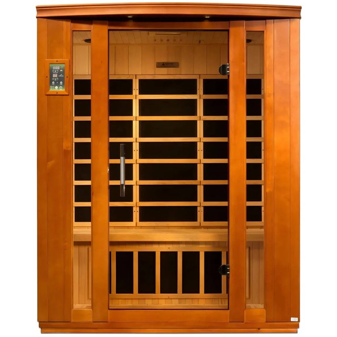 Dynamic Bellagio 3 Person Far Infrared Sauna featuring a wooden exterior and glass door.