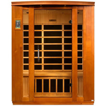 Dynamic Bellagio 3 Person Far Infrared Sauna featuring a wooden exterior and glass door.