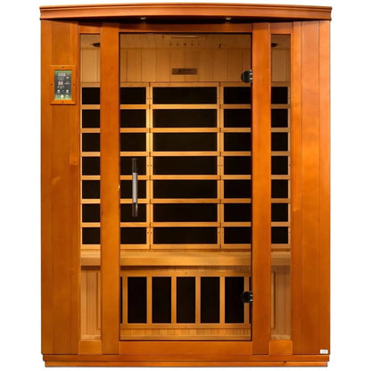 Dynamic Bellagio 3 Person Far Infrared Sauna featuring a wooden exterior and glass door.