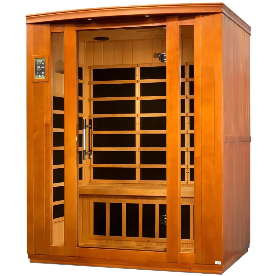 Dynamic Bellagio 3 Person Far Infrared Sauna showcasing a wooden exterior with glass doors and a control panel.