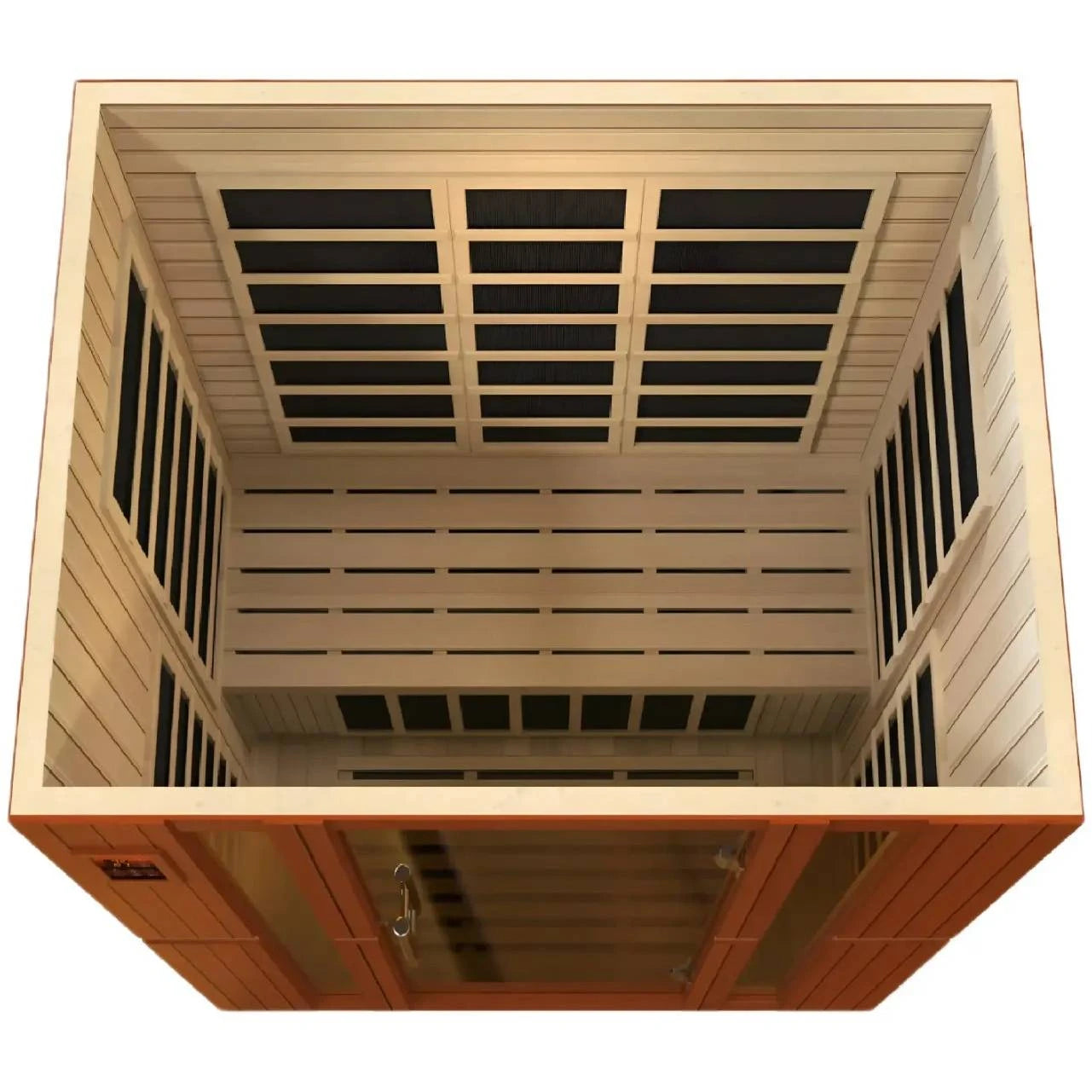 Interior view of the Dynamic Bellagio 3 Person Far Infrared Sauna, showcasing the wooden structure and heating panels.