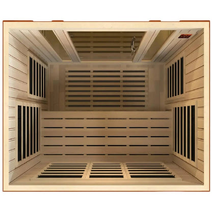 Interior view of the Dynamic Bellagio 3 Person Far Infrared Sauna showing the wooden slatted design and seating arrangement.