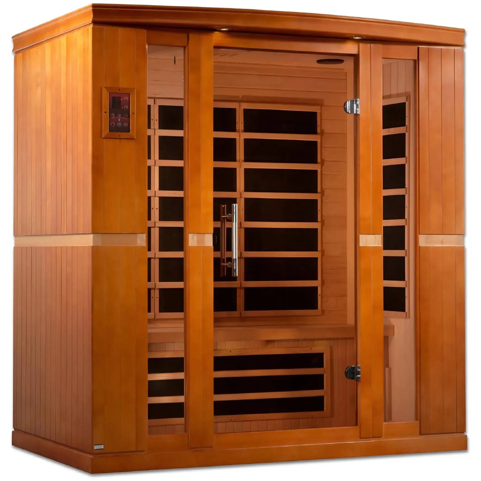Dynamic Bergamo 4 Person Far Infrared Sauna featuring a wooden exterior and glass doors, designed for relaxation and wellness.