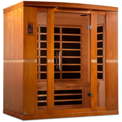 Dynamic Bergamo 4 Person Far Infrared Sauna featuring a wooden exterior and glass doors, designed for relaxation and wellness.
