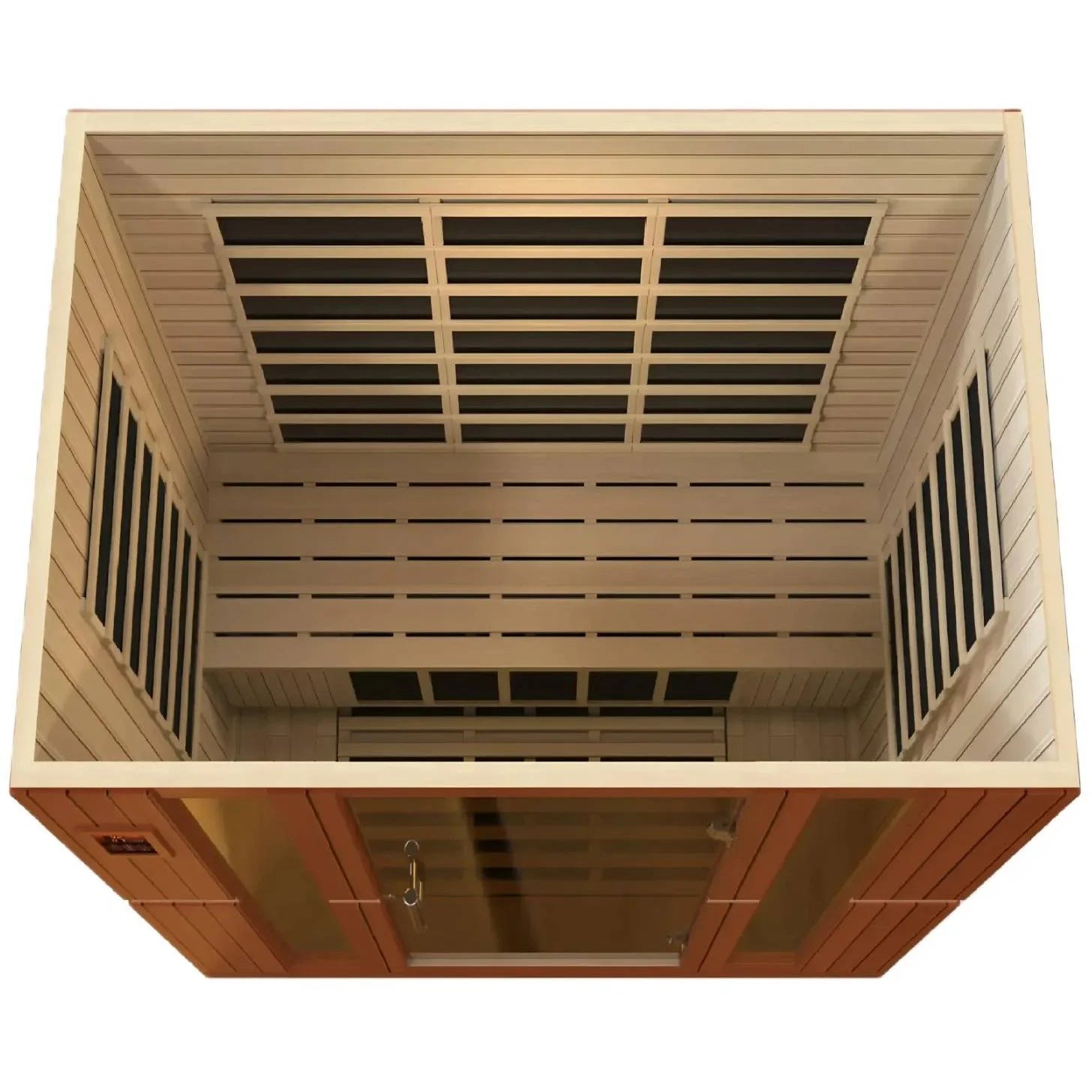 Dynamic Bergamo 4 Person Far Infrared Sauna interior view from above, showcasing the wooden structure and seating layout.