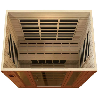 Dynamic Bergamo 4 Person Far Infrared Sauna interior view from above, showcasing the wooden structure and seating layout.