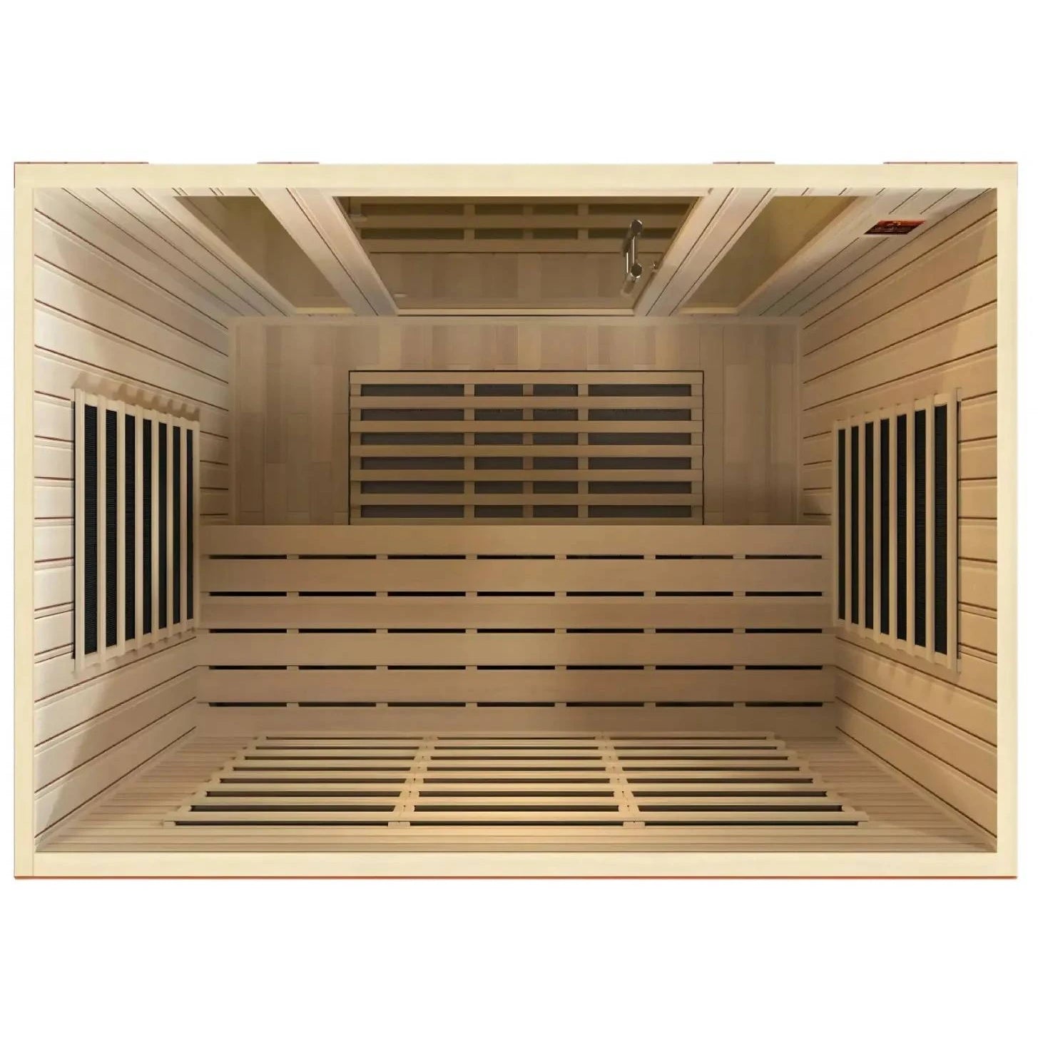 Interior view of the Dynamic Bergamo 4 Person Far Infrared Sauna, featuring wooden paneling, slatted benches, and infrared heating elements.
