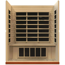Dynamic Bergamo 4 Person Far Infrared Sauna featuring a wooden interior with multiple seating areas and large windows for ventilation.