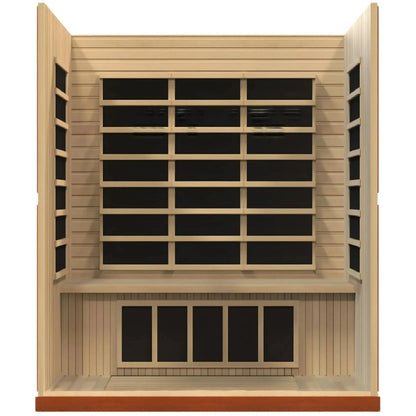 Dynamic Bergamo 4 Person Far Infrared Sauna featuring a wooden interior with multiple seating areas and large windows for ventilation.
