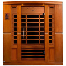 Dynamic Bergamo 4 Person Far Infrared Sauna featuring a wooden exterior, large glass door, and control panel on the side.