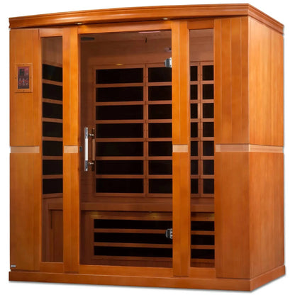 Dynamic Bergamo 4 Person Far Infrared Sauna featuring a wooden exterior and glass doors, showcasing the interior seating and control panel.