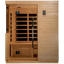 Dynamic Bilbao 3 Person Far Infrared Sauna featuring wooden interior, glass door, and control panel.