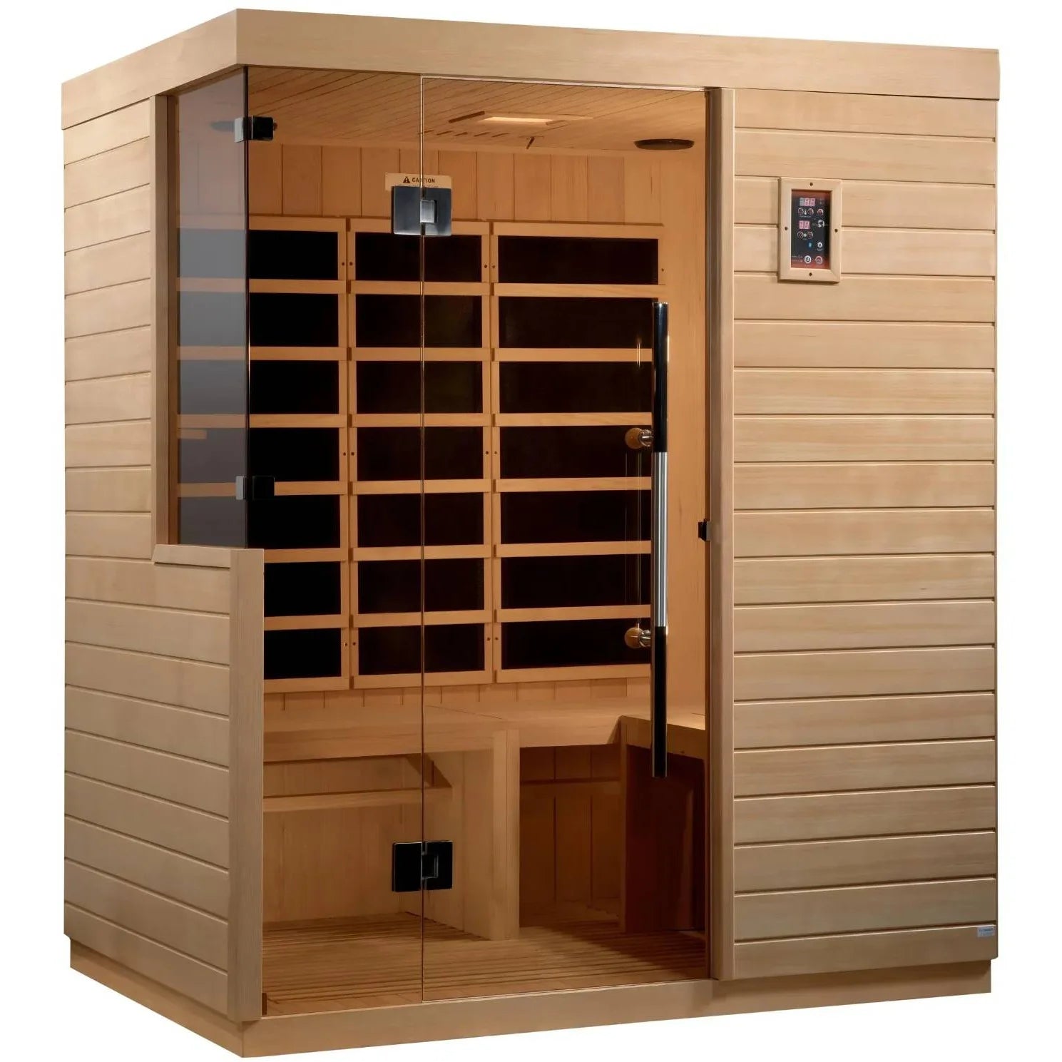Dynamic Bilbao 3 Person Far Infrared Sauna featuring a wooden exterior and glass door, showcasing interior seating and heating elements.