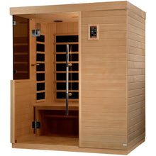 Dynamic Bilbao 3 Person Far Infrared Sauna featuring a wooden exterior, glass door, and control panel.