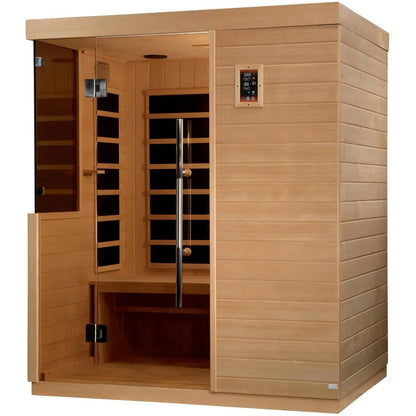 Dynamic Bilbao 3 Person Far Infrared Sauna featuring a wooden exterior, glass door, and control panel.