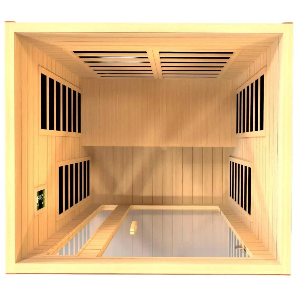 Interior view of the Dynamic Cordoba 2 Person Far Infrared Sauna, showcasing its wooden paneling, seating area, and windows.