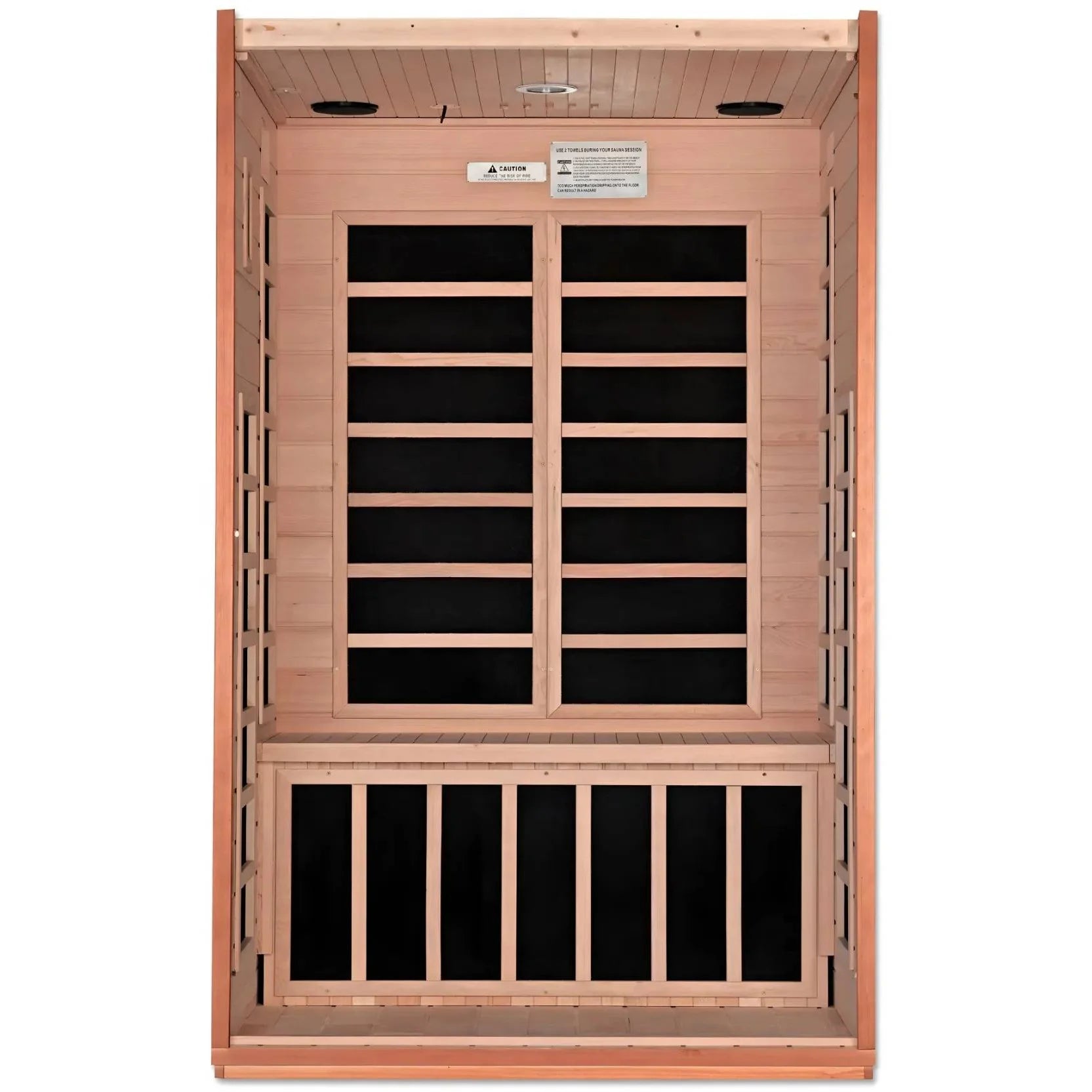 Interior view of the Dynamic Cordoba 2 Person Far Infrared Sauna showcasing wooden benches and panels.