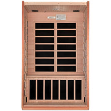 Interior view of the Dynamic Cordoba 2 Person Far Infrared Sauna showcasing wooden benches and panels.