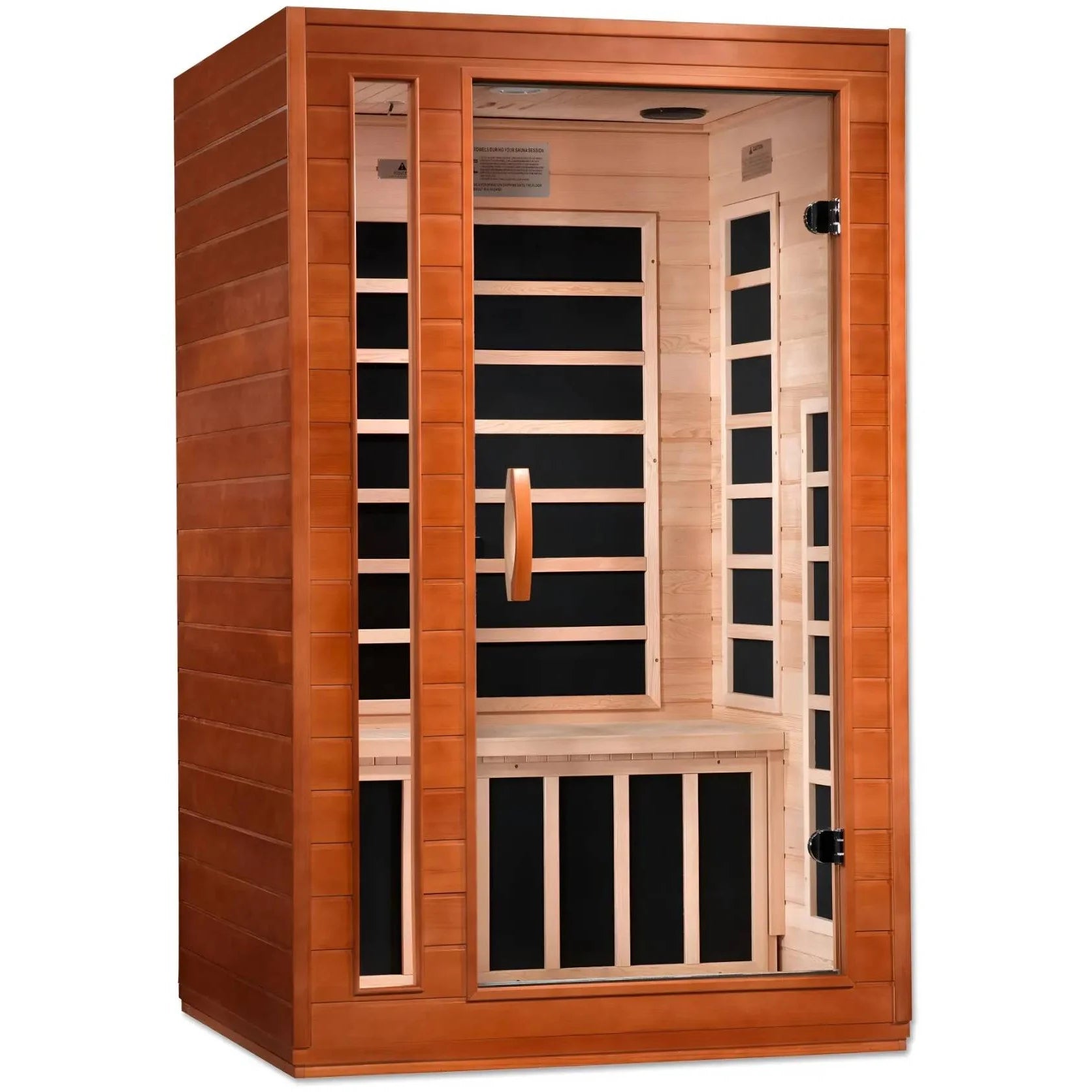Image of a Dynamic Cordoba 2 Person Far Infrared Sauna featuring a wooden exterior and glass door, showcasing the interior benches and heating panels.