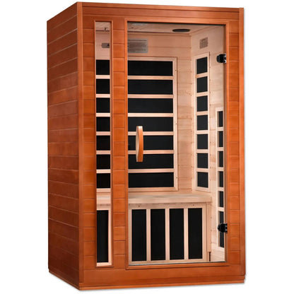 Image of a Dynamic Cordoba 2 Person Far Infrared Sauna featuring a wooden exterior and glass door, showcasing the interior benches and heating panels.
