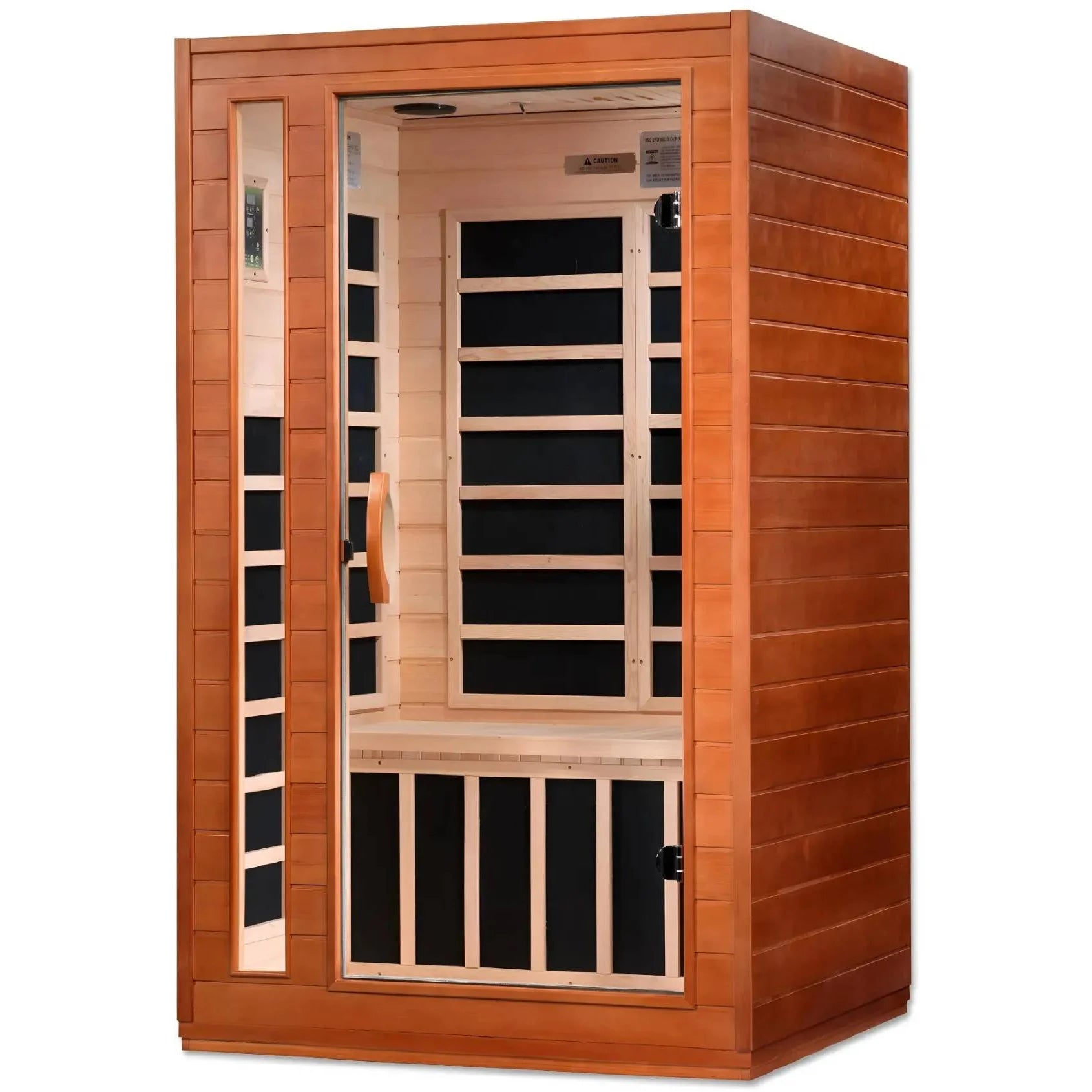 Dynamic Cordoba 2 Person Far Infrared Sauna with a wooden exterior and a glass door, showcasing the interior design featuring wooden shelves and infrared heating panels.