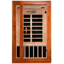 Dynamic Cordoba 2 Person Far Infrared Sauna with a wooden exterior and glass door, showcasing the interior design.