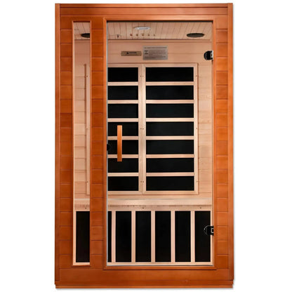 Dynamic Cordoba 2 Person Far Infrared Sauna with a wooden exterior and glass door, showcasing the interior design.