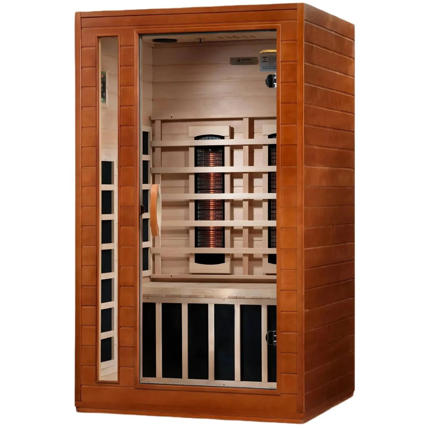Dynamic Cordoba 2 Person Full Spectrum Infrared Sauna featuring a wooden exterior, interior bench seating, and infrared heating panels.