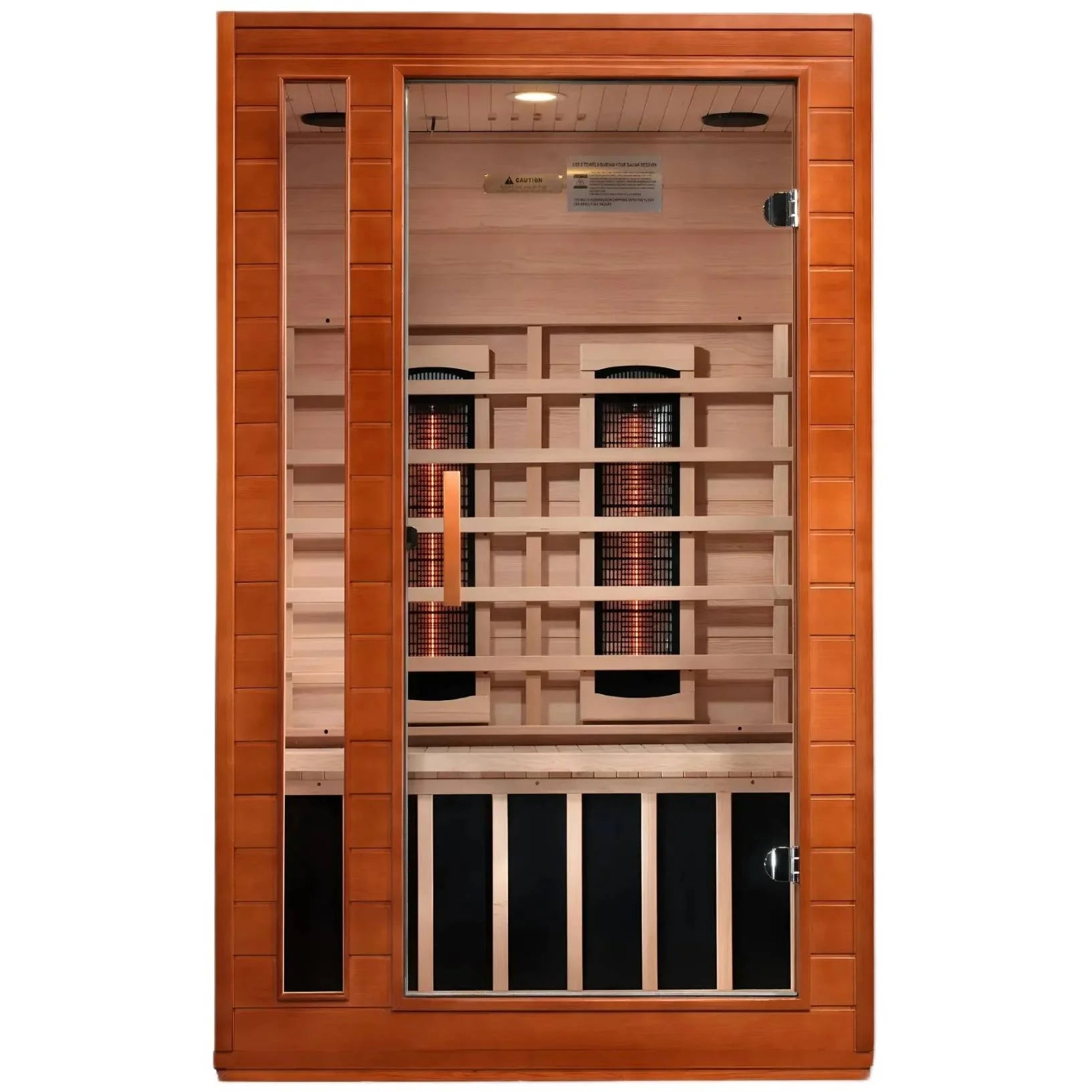 Dynamic Cordoba 2 Person Full Spectrum Infrared Sauna featuring a wooden exterior and large glass door, showcasing the interior with infrared heating panels and wooden benches.