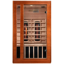 Dynamic Cordoba 2 Person Full Spectrum Infrared Sauna featuring a wooden exterior and large glass door, showcasing the interior with infrared heating panels and wooden benches.