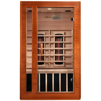 Dynamic Cordoba 2 Person Full Spectrum Infrared Sauna featuring a wooden exterior and large glass door, showcasing the interior with infrared heating panels and wooden benches.