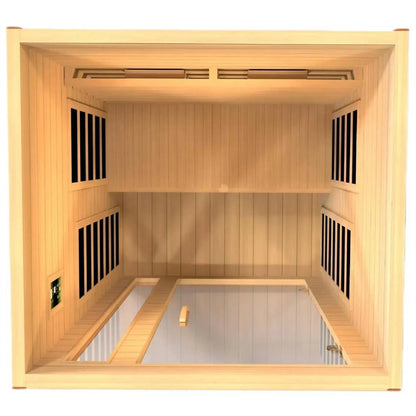 Interior view of the Dynamic Cordoba 2 Person Full Spectrum Infrared Sauna, showcasing wooden paneling, glass door, and seating area.
