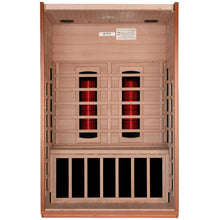 Interior view of the Dynamic Cordoba 2 Person Full Spectrum Infrared Sauna, showcasing the wooden structure and red infrared heating panels.