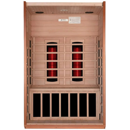 Interior view of the Dynamic Cordoba 2 Person Full Spectrum Infrared Sauna, showcasing the wooden structure and red infrared heating panels.