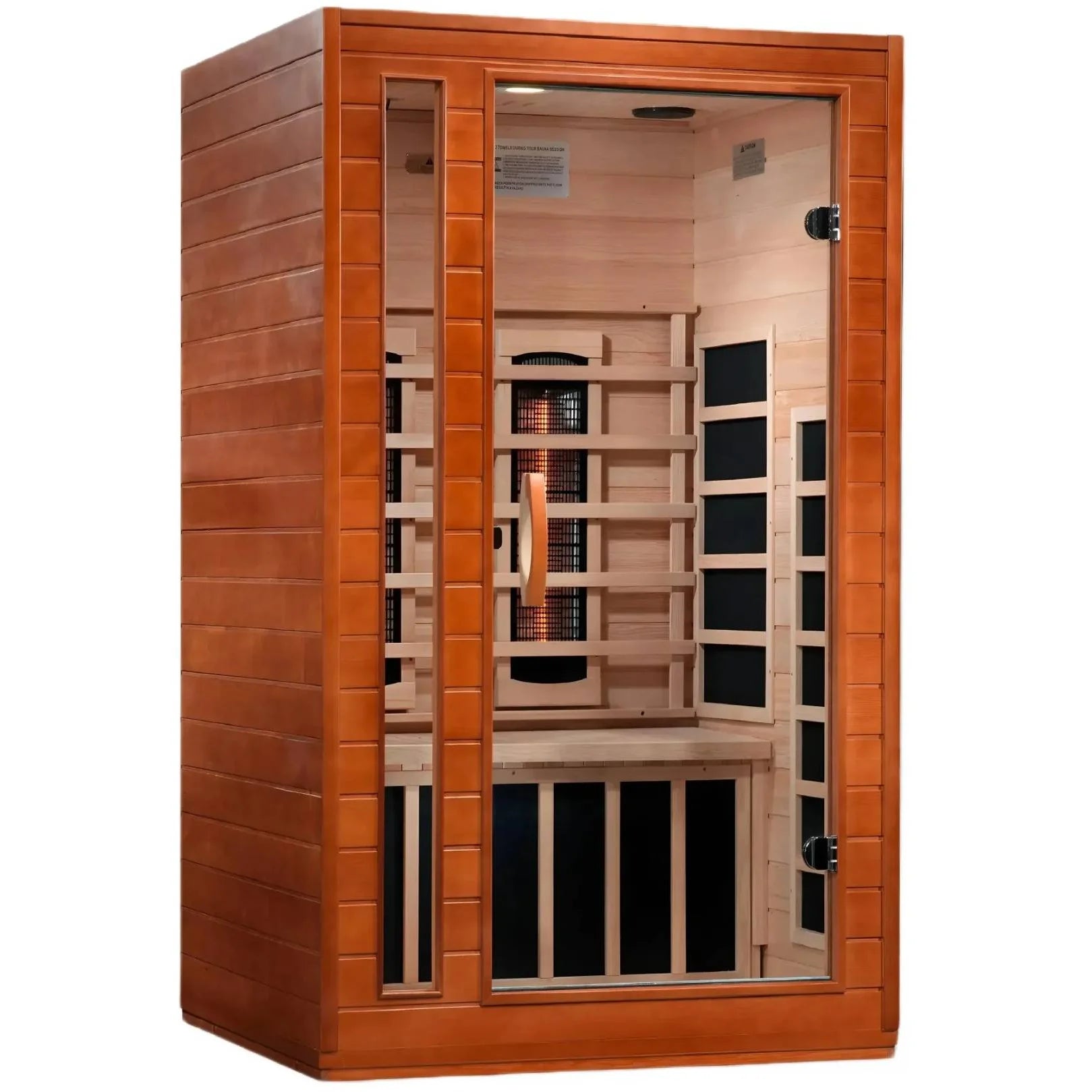 Dynamic Cordoba 2 Person Full Spectrum Infrared Sauna, featuring a wooden exterior with a glass door and interior benches, designed for relaxation and wellness.