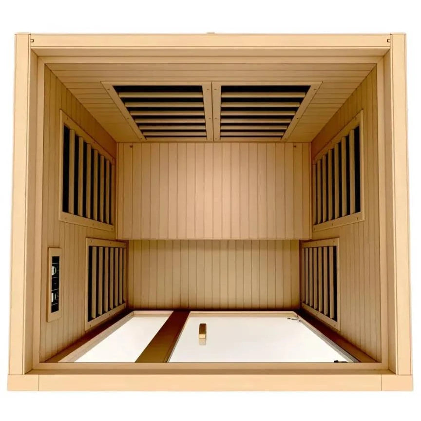 Interior view of the Dynamic Gracia 1-2 Person Far Infrared Sauna, showcasing wooden paneling and ventilation features.