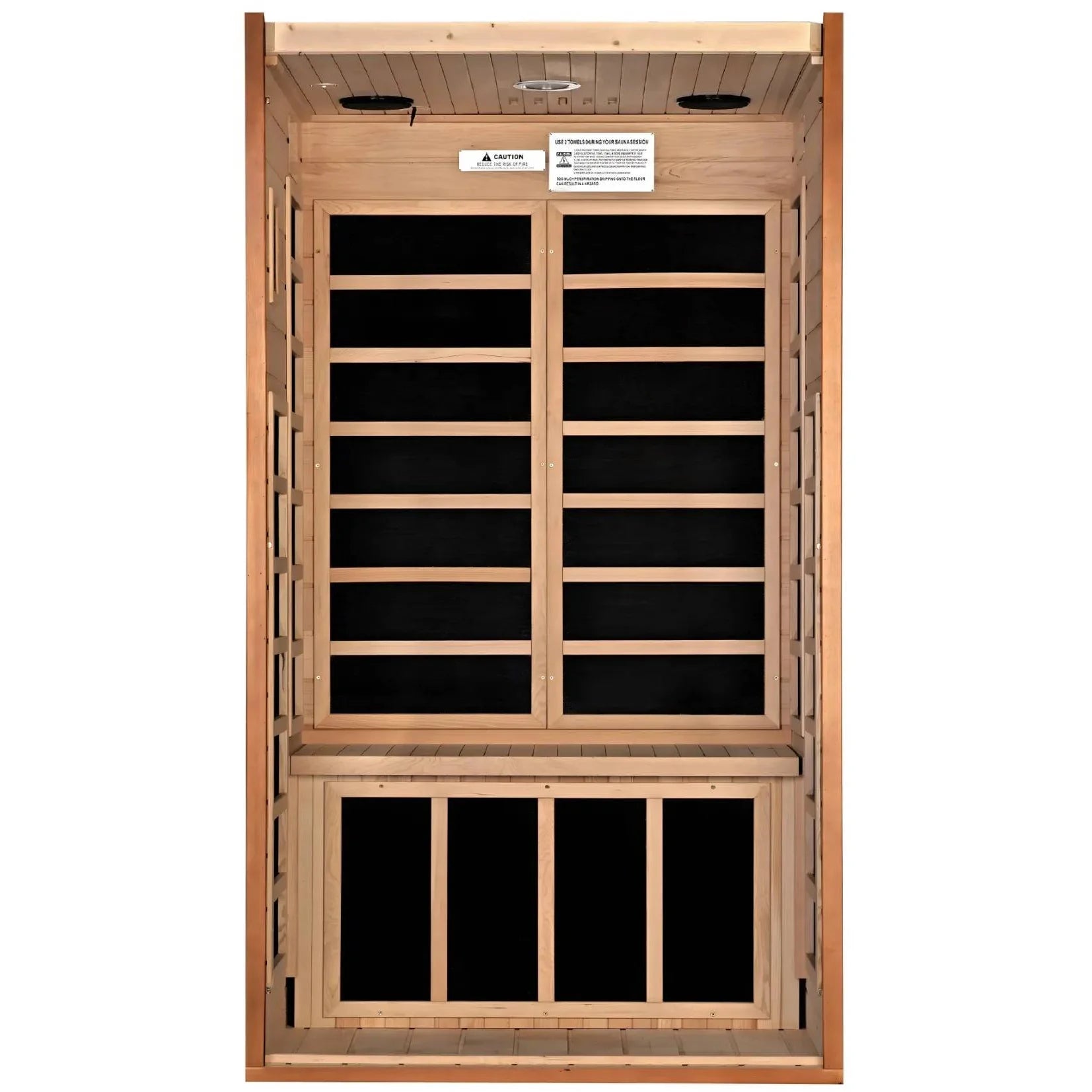 Interior view of the Dynamic Gracia 1-2 Person Far Infrared Sauna showcasing its wooden structure and seating area.
