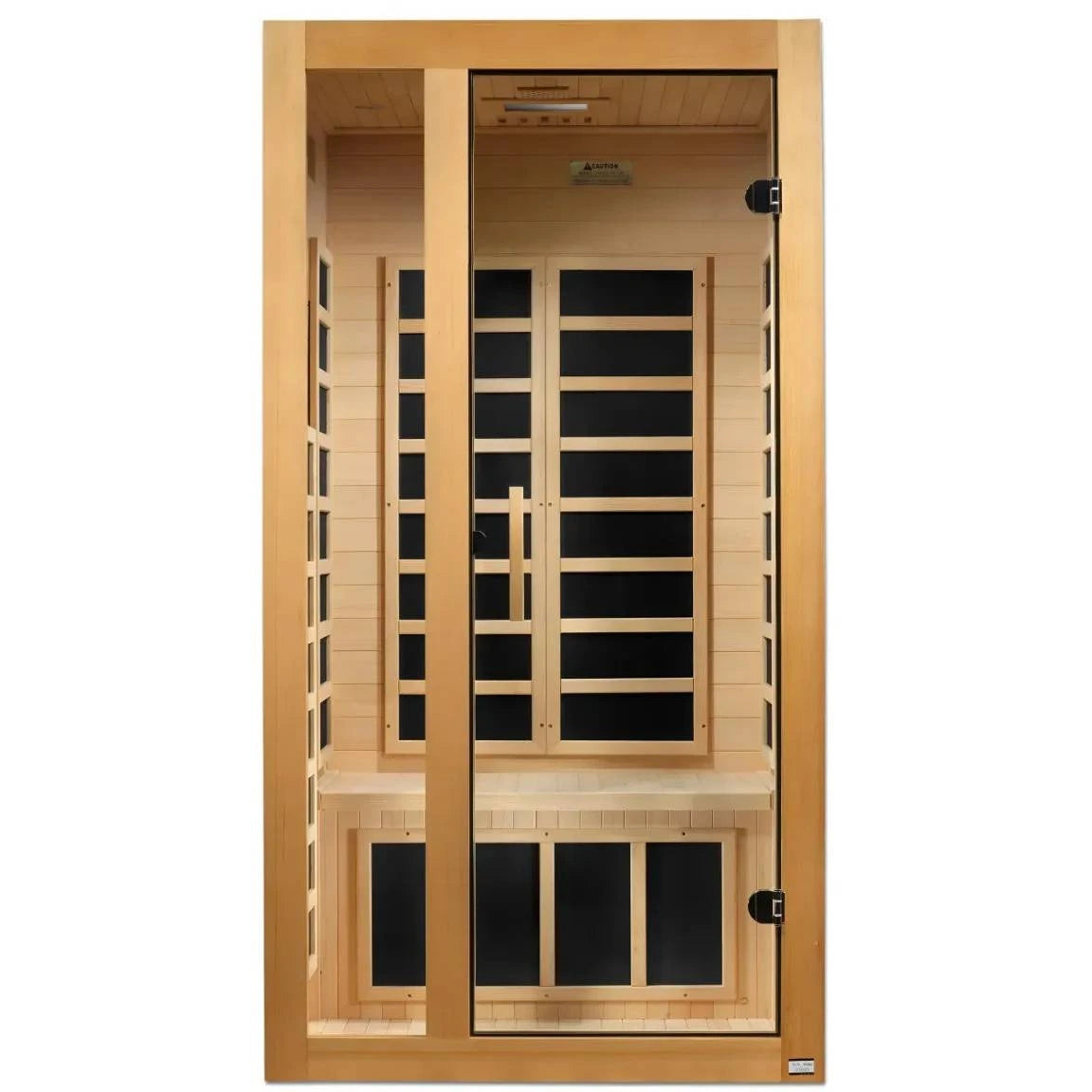 Dynamic Gracia 1-2 Person Far Infrared Sauna featuring a wooden exterior and large glass door, showcasing an interior with wooden benches and black heating panels.