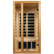 Dynamic Gracia 1-2 Person Far Infrared Sauna featuring a wooden exterior and large glass door, showcasing an interior with wooden benches and black heating panels.