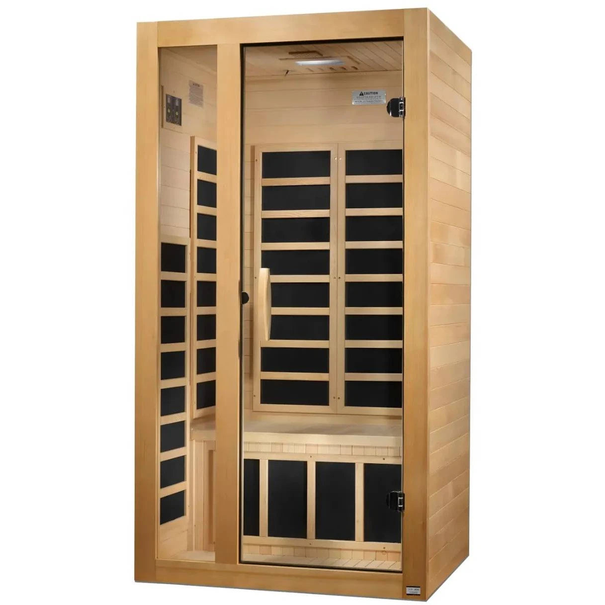 Dynamic Gracia 1-2 Person Far Infrared Sauna featuring a wooden exterior and glass door, designed for personal relaxation and wellness.