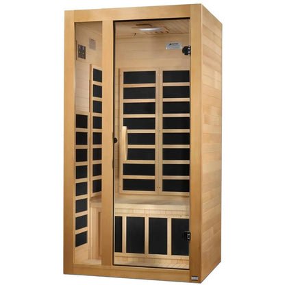 Dynamic Gracia 1-2 Person Far Infrared Sauna featuring a wooden exterior and glass door, designed for personal relaxation and wellness.