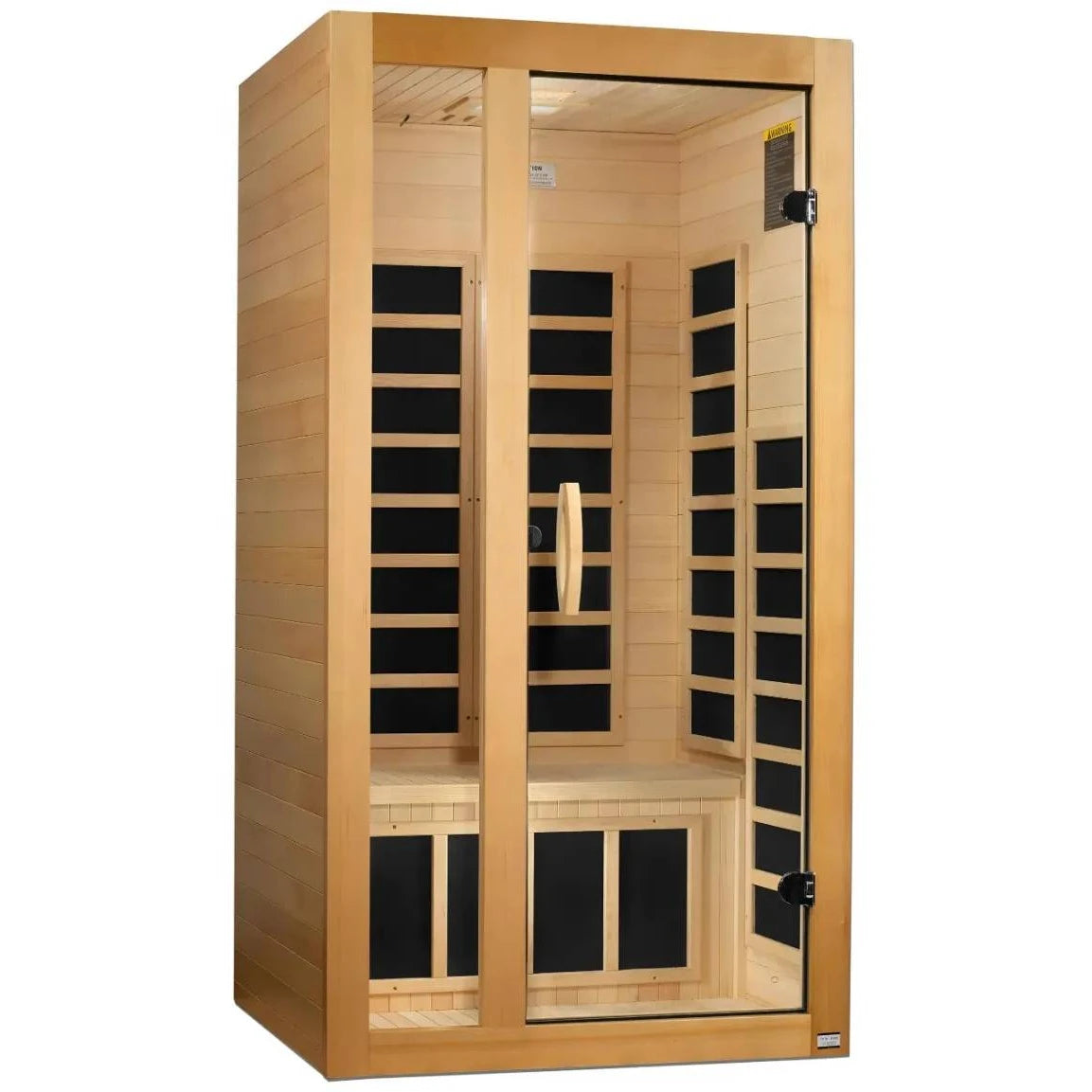 Image of a Dynamic Gracia 1-2 Person Far Infrared Sauna featuring a wooden exterior with glass doors and multiple interior benches.