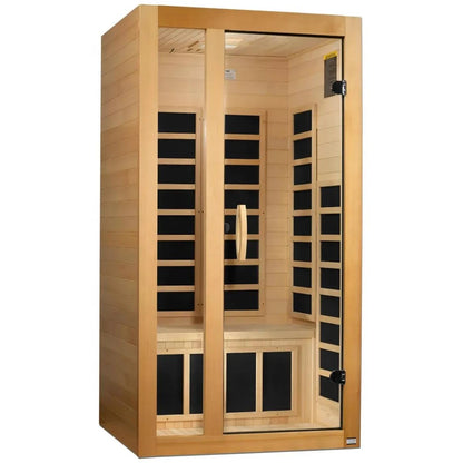 Image of a Dynamic Gracia 1-2 Person Far Infrared Sauna featuring a wooden exterior with glass doors and multiple interior benches.