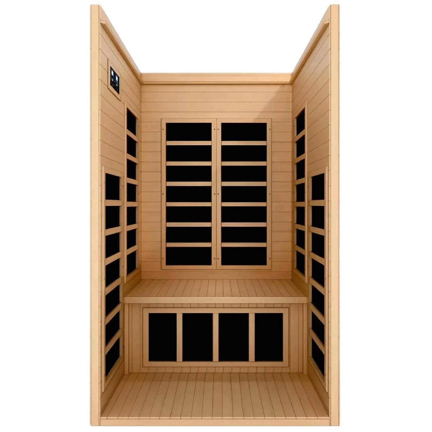 Interior view of the Dynamic Gracia 1-2 Person Far Infrared Sauna, featuring wooden panels, seating area, and control panel.
