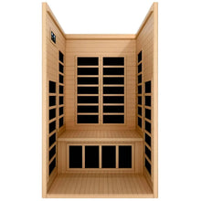 Interior view of the Dynamic Gracia 1-2 Person Far Infrared Sauna, featuring wooden panels, seating area, and control panel.