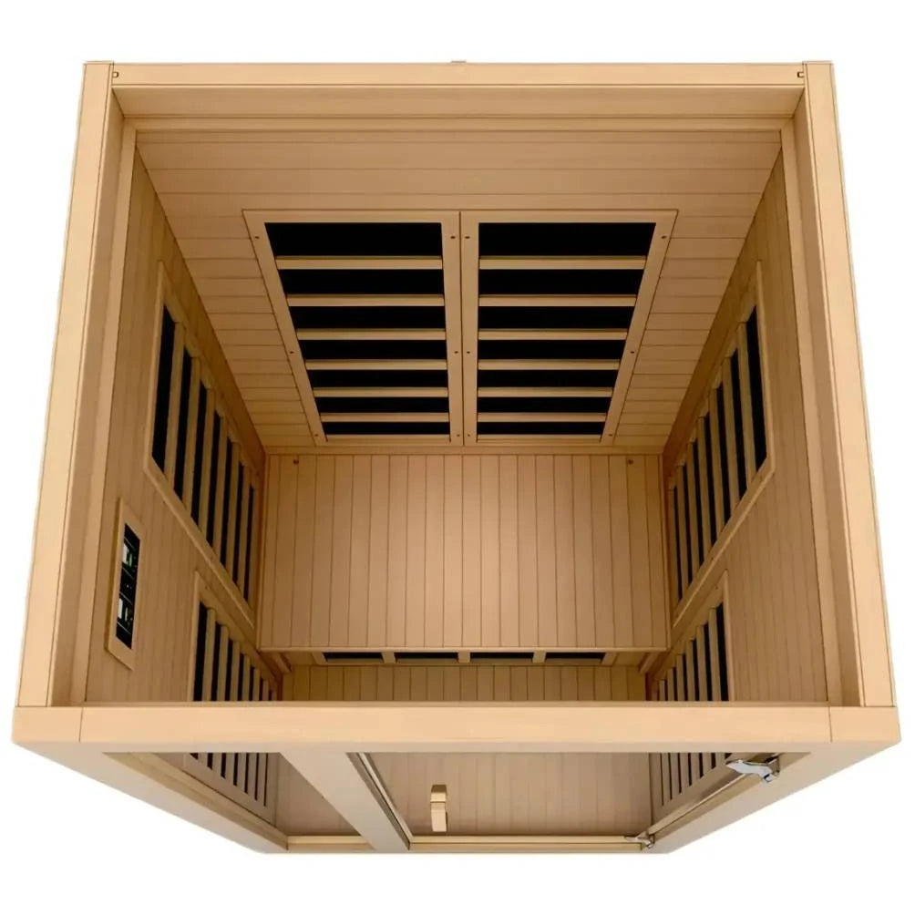 Interior view of the Dynamic Gracia 1-2 Person Far Infrared Sauna, showcasing wooden paneling and heating elements.
