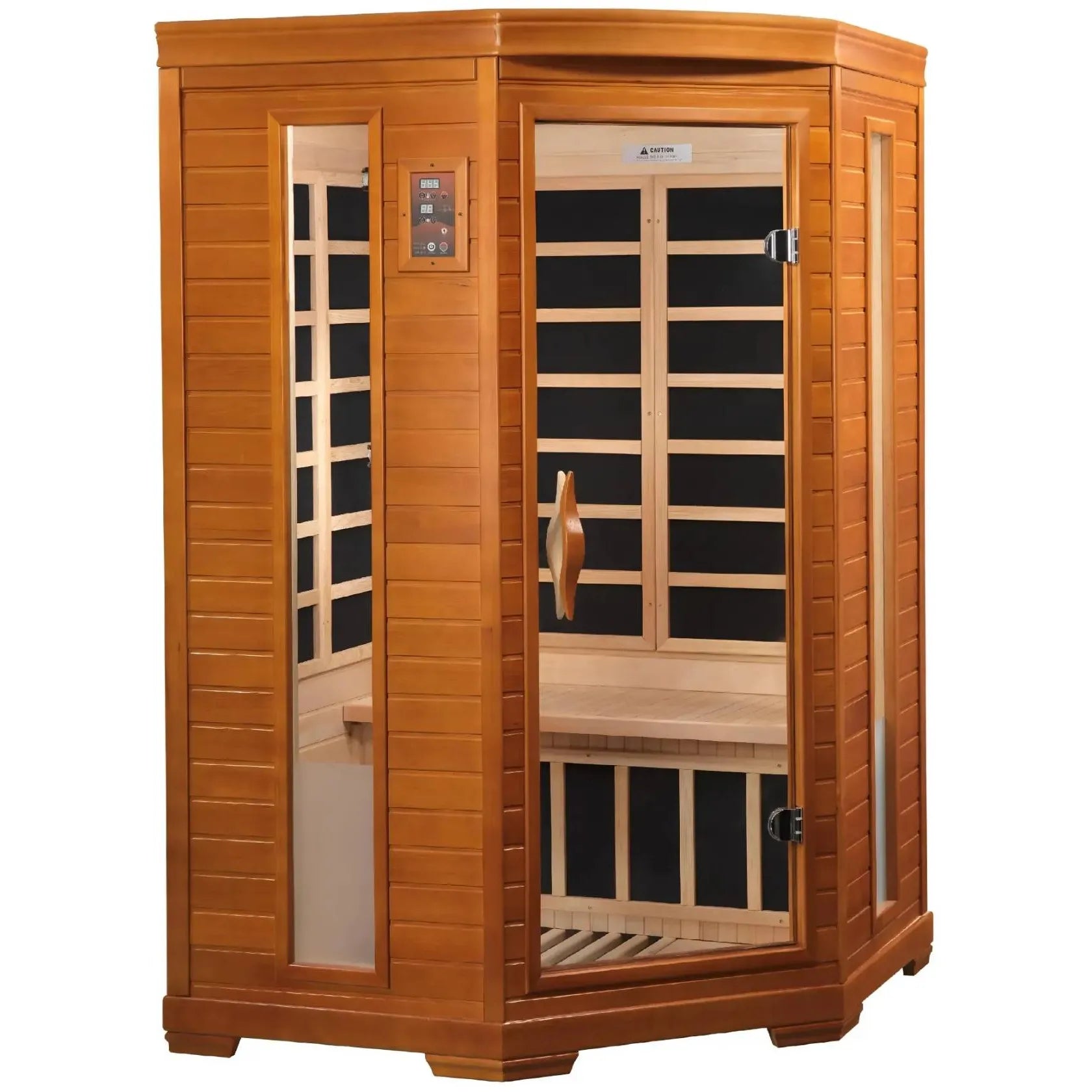 Dynamic Heming 2 Person Far Infrared Corner Sauna featuring a wooden exterior, glass door, and interior seating.